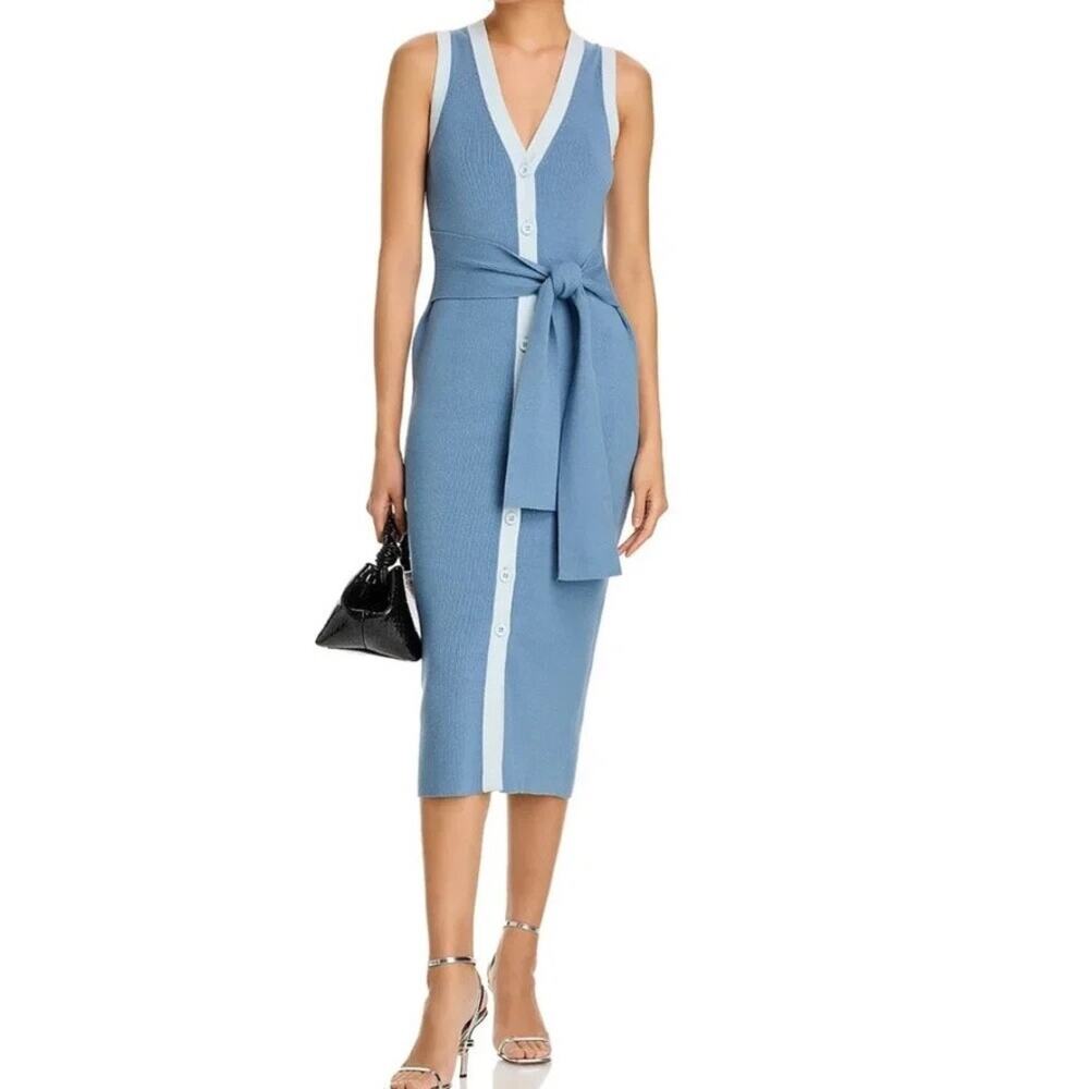 Toccin Victoria Sleeveless Midi-Dress Ribbed Tie Waist Women's Medium Blue
